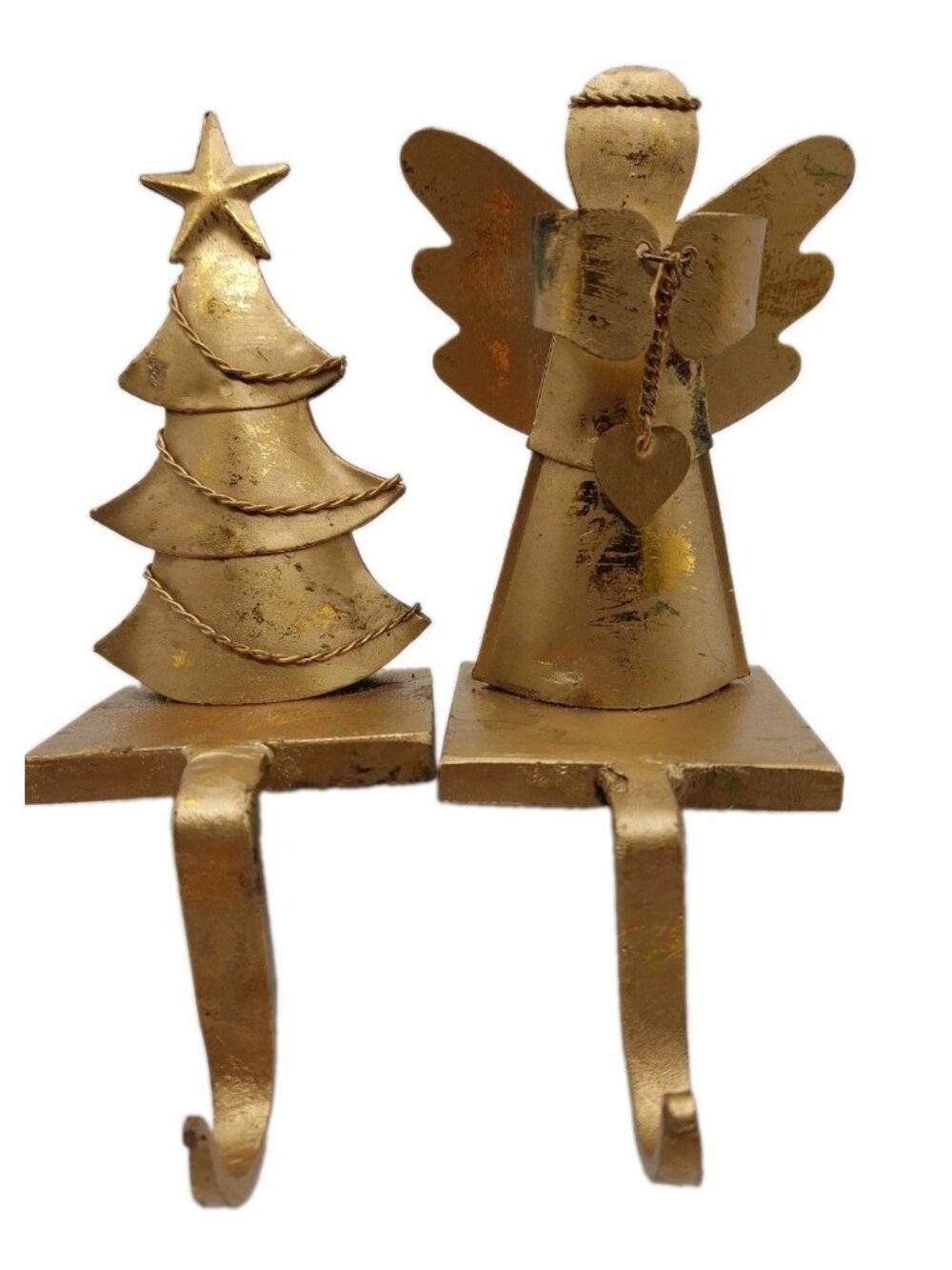 Vintage Gold Metal Cast Iron Angel Tree Christmas Stocking Holder Heavy READ